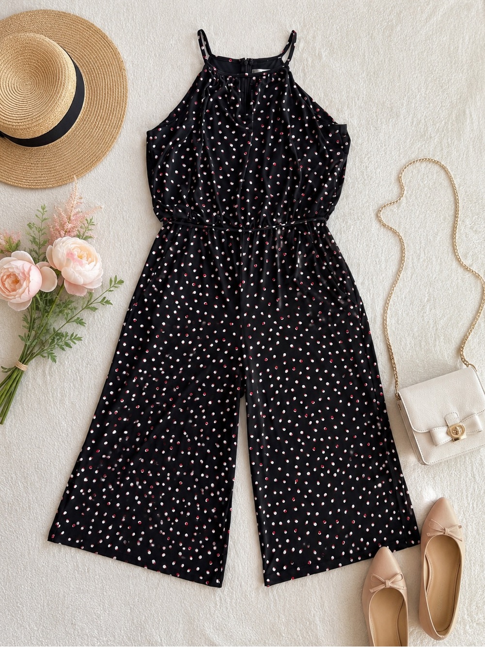 Wisp Black Polka Dot Wide Leg Jumpsuit | Sleeveless Halter | Size 14